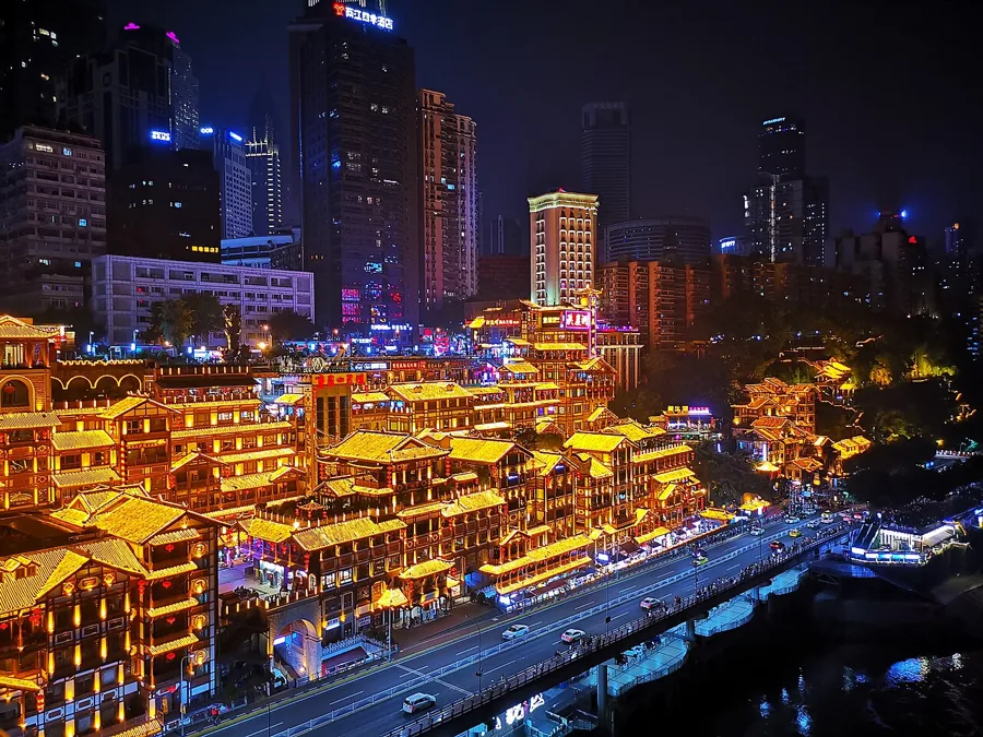 Hongyadong’s illuminated buildings in Chongqing at night