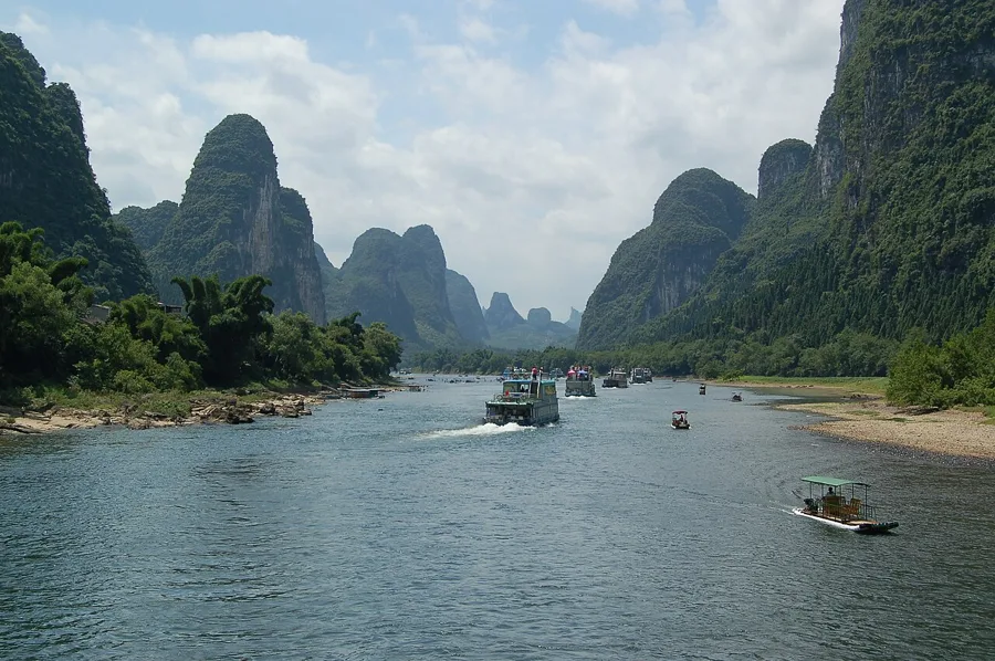 Karst mountains and green hills along the Li River near Guilin
