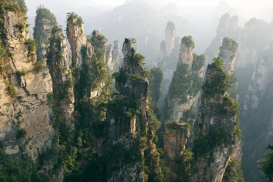Tall sandstone pillars in Zhangjiajie National Forest Park